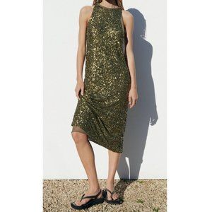 NWT ZARA Sequin Sleeveless Midi Dress Green 2488/002 Size Small